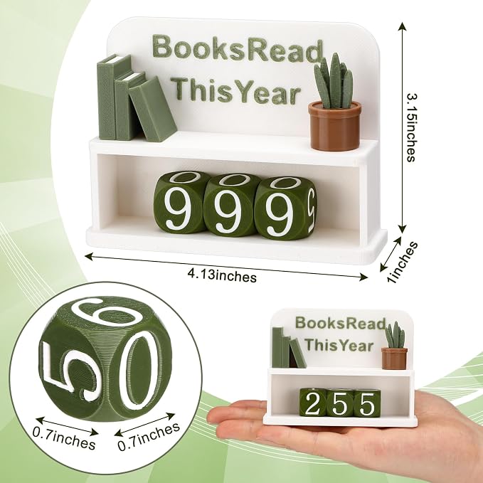 BreezeHug Green and White Books Read This Year Counter Manual Flip Book Number Tracker with Decorative Fake Book & Dice for Reading Goal, Library Decor Gift for Readers Teacher Writers Lover (Style A)