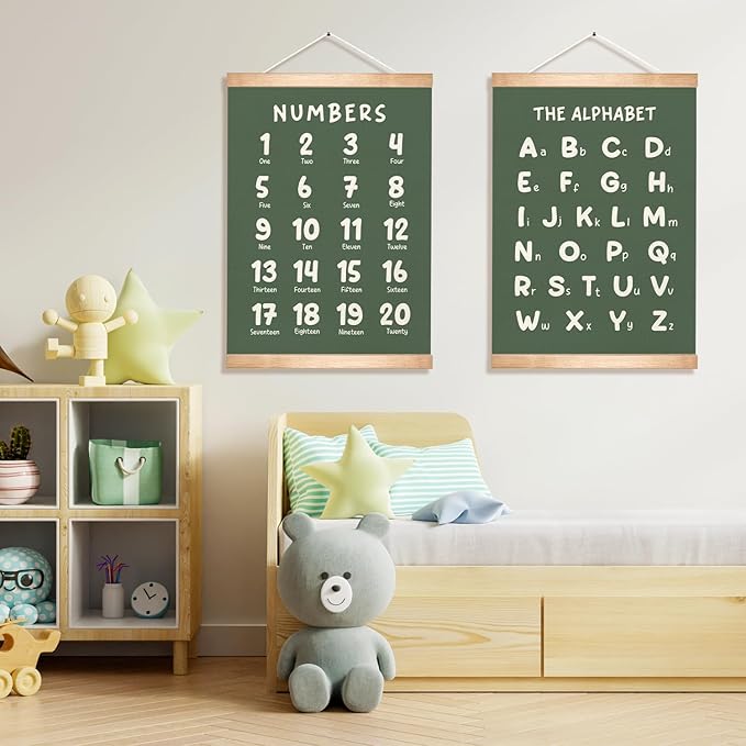 Educational Wall Art Set of 2, Numbers 1-20 and Alphabet Chart, Learning Posters for Toddler ,ABC Banner Poster, Banner Wall Hanging Decor for Toddler Room Playroom Nursery Wall Classroom Decor (Green)