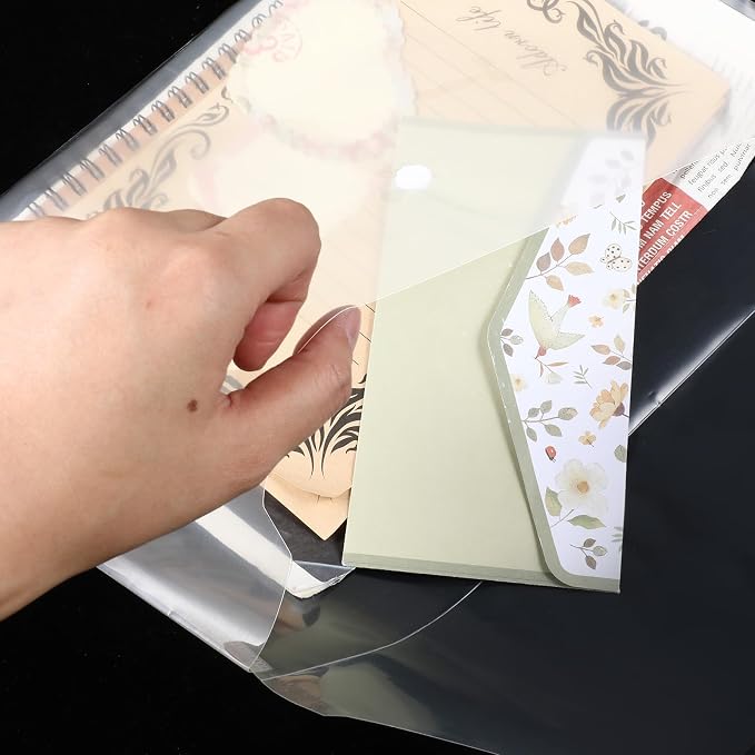 100 Pcs Clear Envelopes with Button Snap Closure, A4 Letter Size Plastic Envelope Folders for Documents Water-Resistant Envelope File Folder for Office Home Supplies