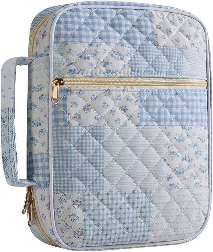 Bible Cover Case for Women,Bible Tote Bag Large Quilted Bible Cover Study Supplies Accessories with Durable Handle Carrying Case Christian Gifts for Girls (Greenblue Pin)