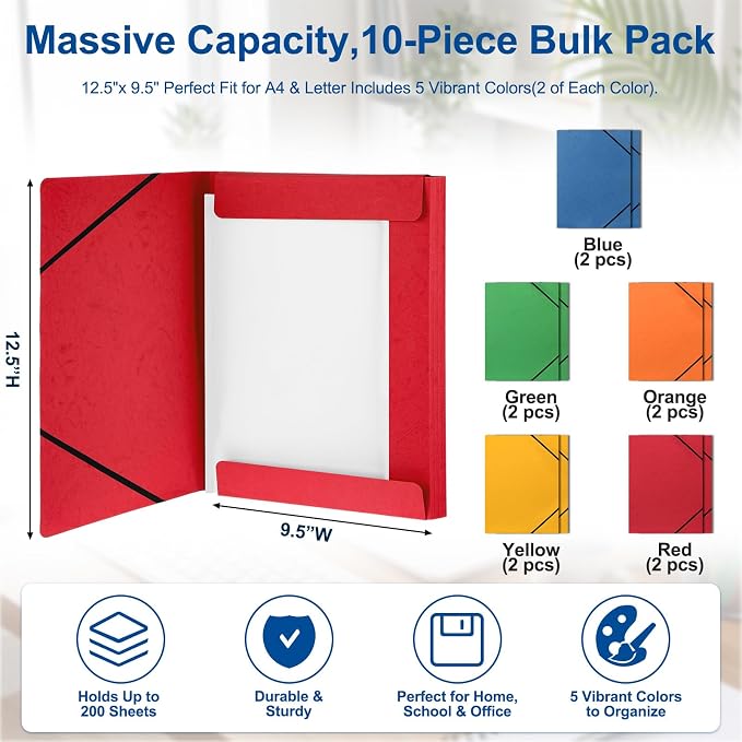 Sabary 10 Pcs A4 3 Flap Folder with Elastic Bands Bulk Portable Classification File Jackets Bulk 12.5 x 9.5 Letter Size Rainbow Binder Pocket Document Organizer Hold 250 Sheet for School Office Home