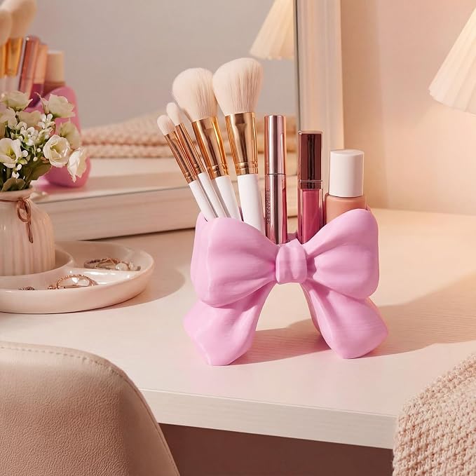 Marspark Cute Bow Pen Holder for Desk, Decorative Pencil Holder Organizer, Aesthetic Pink Desk Accessories for Office, Vanity, Back to School Supplies for Students