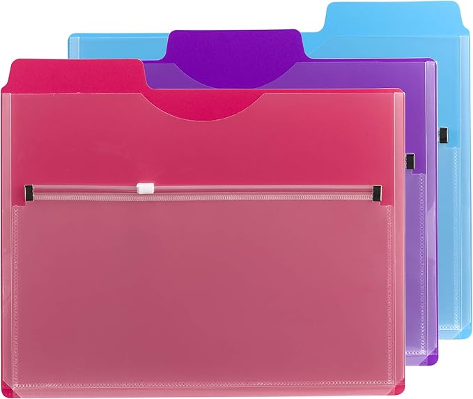 Smead Project Organizer with Zip Pouch, 1/3- Cut Tab, Letter Size, Assorted Colors, 3 per Pack (89617)