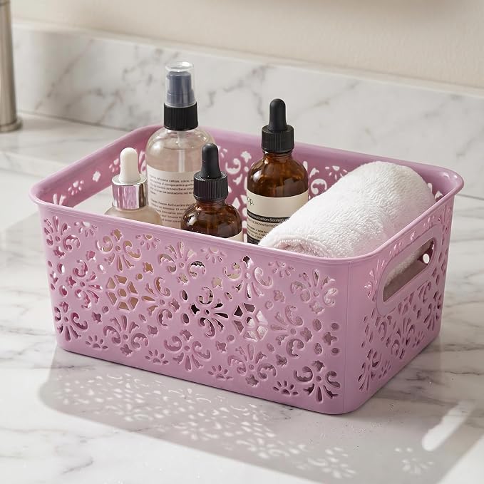 Frcctre 8 Pack Plastic Storage Baskets, Portable Small Pantry Organizer Baskets Bins with Handle, Stackable Household Organizers Nursery Basket for Home, Kitchen Cabinet Countertop Bedroom Bathroom