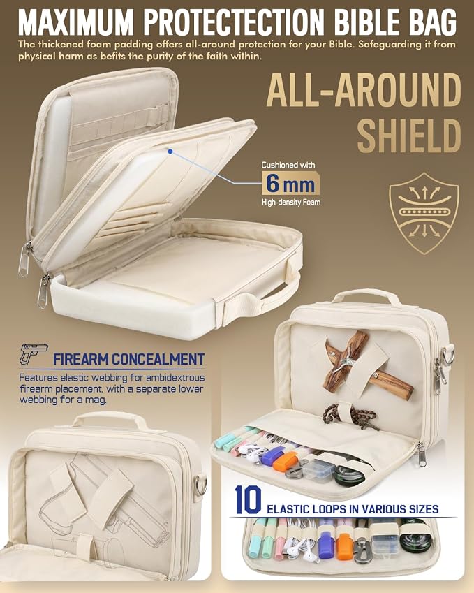 RXW Large Bible Cover Bag for Men Women, Tactical Bible Carrying Case Fully Padded of Double Layer Design, Utility Church Bag Organizer with Shoulder Strap for Tablet Art EDC, Christian Gifts for Mom