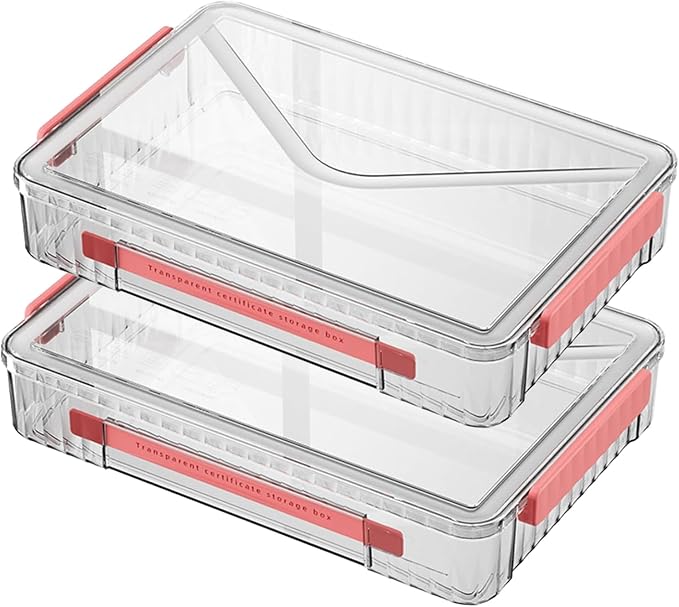 2 Pack Clear Plastic File Storage Boxes with Latching Lids, Transparent Certificate Organizer, Portable Project Case for Drawers, Clear Stackable File Box for A4 Files (‎Red Latches, Large)