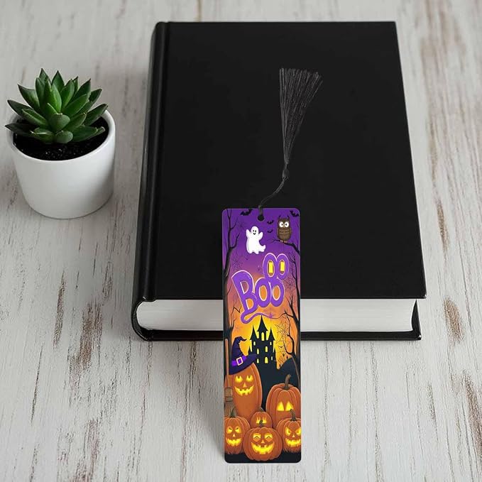 Halloween Bookmarks 5 Pcs with Tassels Pumpkin Bats Dark Night Wooden Bookmarks for Reading Women Students Teacher Reader