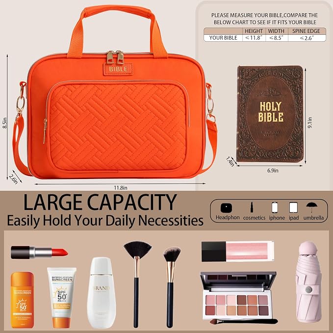 Bible Cover for Women Bible Case, Large Bible Bag, Bible Study Supplies Bible Journaling Kit Book Carrying Case with Bible Highlighters Tabs, Valentines Day Christian Gifts for Women (Orange)