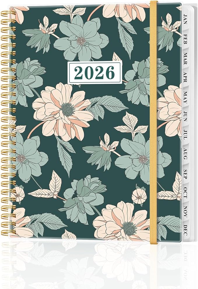 2026 Planner - Weekly and Monthly Planner from Jan 2026 - Dec 2026, Spiral Planning 2026 with 12-Month Tabs, Inner Pocket, 8.5" x 11", Green Flower