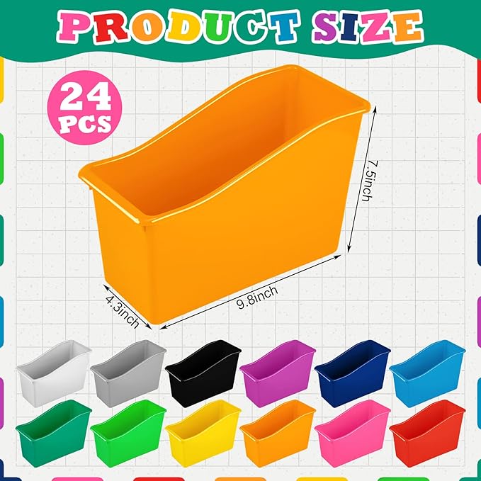 Jinei 24 Pack Multicolor Book Bins for Classroom Decor Bulk Plastic Bins with Name Labels Assorted Color Organization Book Bin Baskets Teacher Storage Boxes for Classroom Office