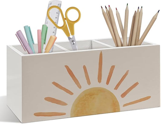 Boho Sun Pen Pencil Holder, Boho Desk Accessories, Mid Century Modern Minimalist Abstract Sun Sunset Wooden Pen Pencil Organizer for Home Office Desk Decor