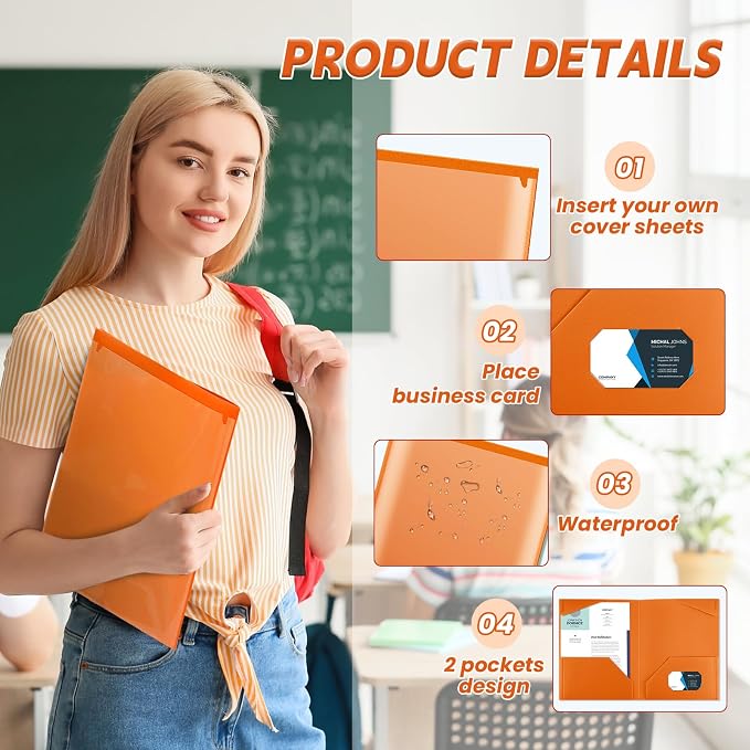Henoyso 36 Pack Orange Plastic Folders with Clear Front Pockets Heavy Duty File Folders with 2 Pockets and Card Slot for Student Communication School Office Presentation Report
