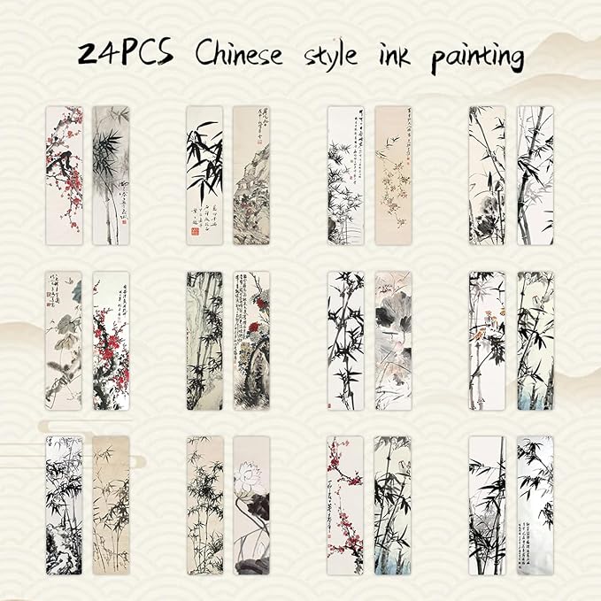 24PCS Unique Chinese Ink Painting Bookmarks, Traditional Oriental Art Reading Accessories, Cultural Gifts for Book Lovers Women Kids Students Teachers, Vintage Collectibles with Ancient Aesthetics