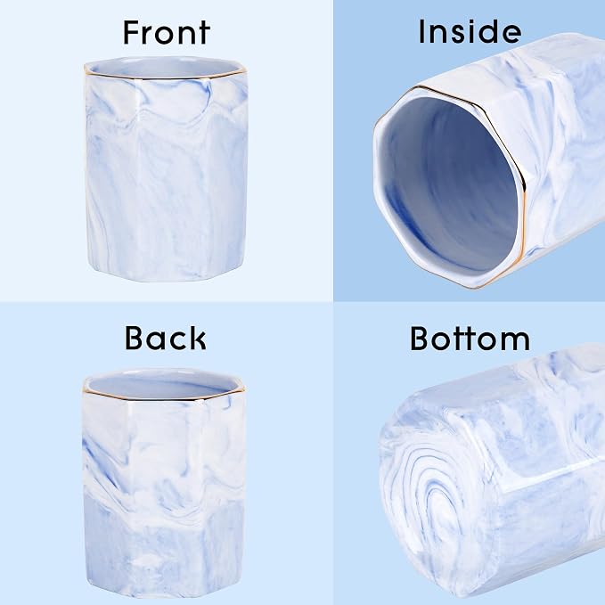 Blue Marble Makeup Brush Holder - Round Ceramic Pencil Container with Gold Rim, Elegant Versatile Organizer for Vanity, Desk, or Bathroom