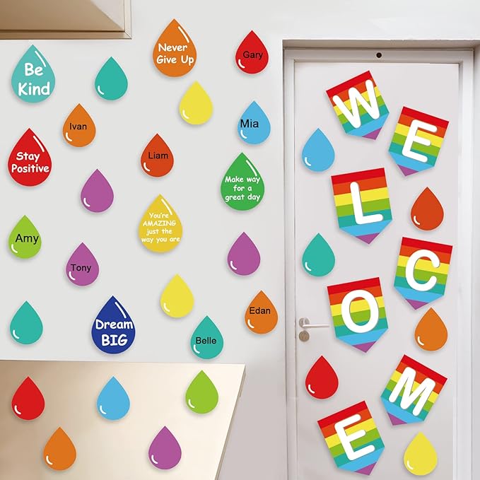 Back to School Bulletin Board Decorations First Day of School Bulletin Board Rainbow Welcome Back Banner Raindrop Motivational Cutouts Classroom Decor School Holiday Bulletin Board