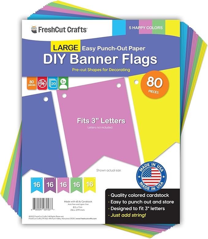 80 pcs Paper DIY Banner Flags Happy Pennant Banners, Large (3.75 x 5 in), US Made Card Stock Punch Out Blank Pennants for Party Decorations, Kids Birthdays, Classroom, Celebration, Festive Parties