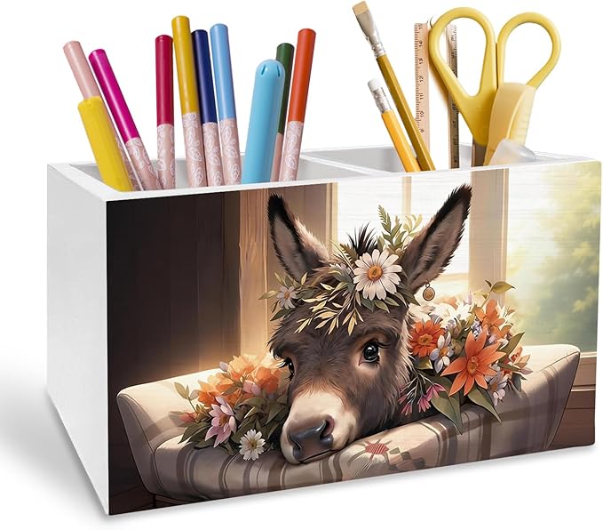 Rustic Floral Donkey Pen Holder for Desk, Donkey Gifts for Women Pencil Organizer, Farmhouse Animal Wildflower Wooden Box Sign Desk Decor for Home Office Decoration
