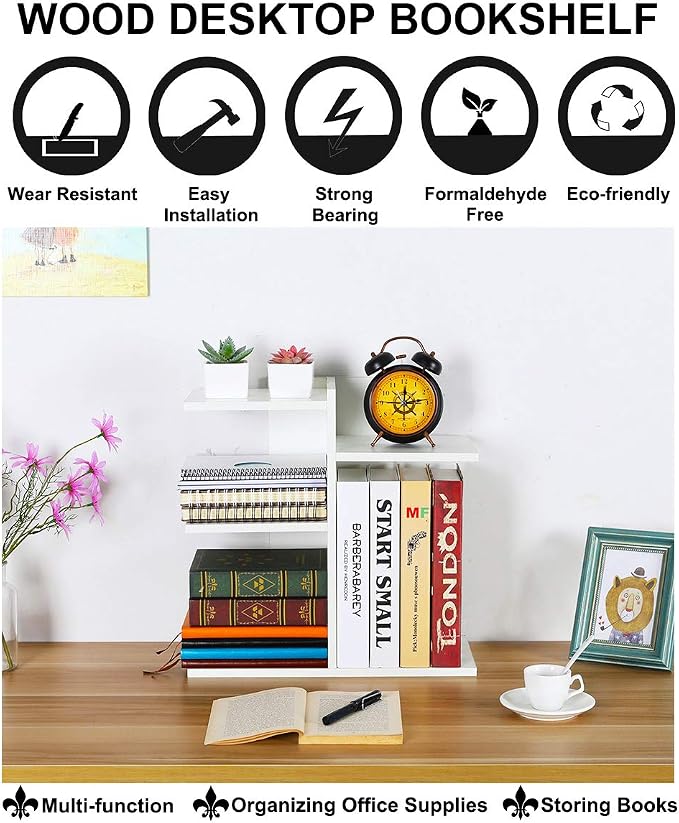 PAG Wood Desktop Shelf Small Bookshelf Desk Supplies Organizers and Accessories Storage Display Rack Office Decor for Women, White