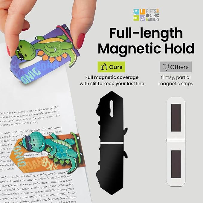 Gifts for Readers & Writers Linemarker Bookmark, 2 Pack Magnetic Bookmarks, Includes Line Finder Slit for Easy Line Tracking, Small & Cute Stationery, Book Page Holder, Reading Accessories, Dino