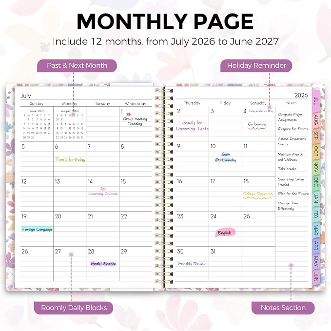 SKYDUE 2026-2027 Monthly and Weekly Academic Planner, July 2026-June 2027, 8.5"x11", Agenda Calendar with Colorful Tabs and Storage Pocket, Ideal for School Office Supplies