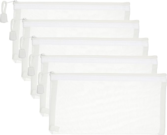PATIKIL B6 Mesh Zipper Pouch Bags, 5 PCS Mesh Bags with Zipper Plastic Storage Pocket for Organizing File Beads Office Home Supplies, 11.5x23cm, White