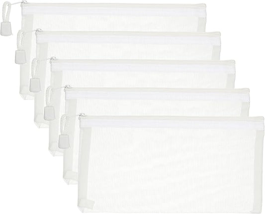 PATIKIL B6 Mesh Zipper Pouch Bags, 5 PCS Mesh Bags with Zipper Plastic Storage Pocket for Organizing File Beads Office Home Supplies, 11.5x23cm, White