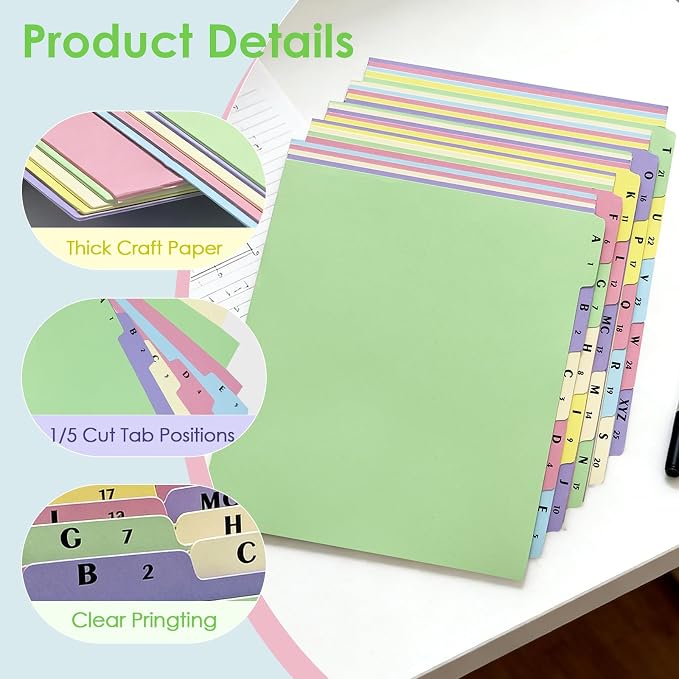 1 Set A-Z Alphabetical File Folder Guide Dividers, Alphabetic and Number Top Label Files, Legal Size, 25 Sheets Letter Size 1/5 Cut Positions File Cabinet Dividers for Office Home School