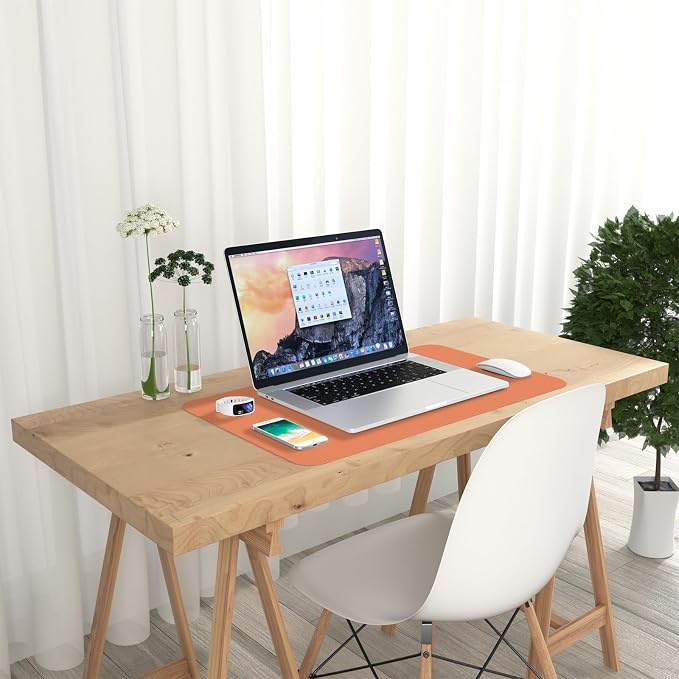 Hsurbtra Desk Pad, 23.6" x 13.8" PU Leather Desk Mat, M Extended Mouse Pad, Waterproof Desktop Blotter Protector, Non-Slip Ultra Thin Small Laptop Keyboard Writing Mat for Office Home, Orange Pink