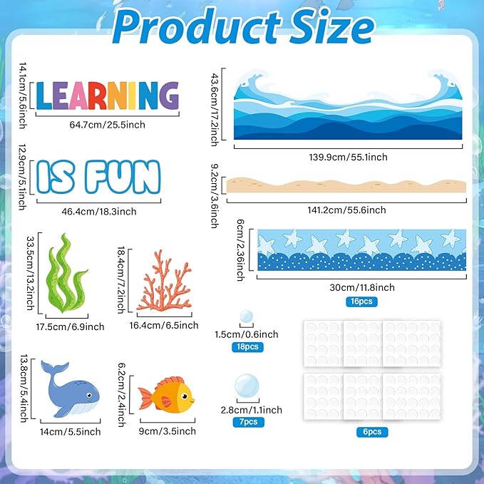 Summer Ocean Sea Bulletin Board Decorations Learning is Fun Positive for Summer Theme Classroom Back to School Bulletin Board Border Set Ocean Under The Sea Fish Paper Cutouts for School Home Decor