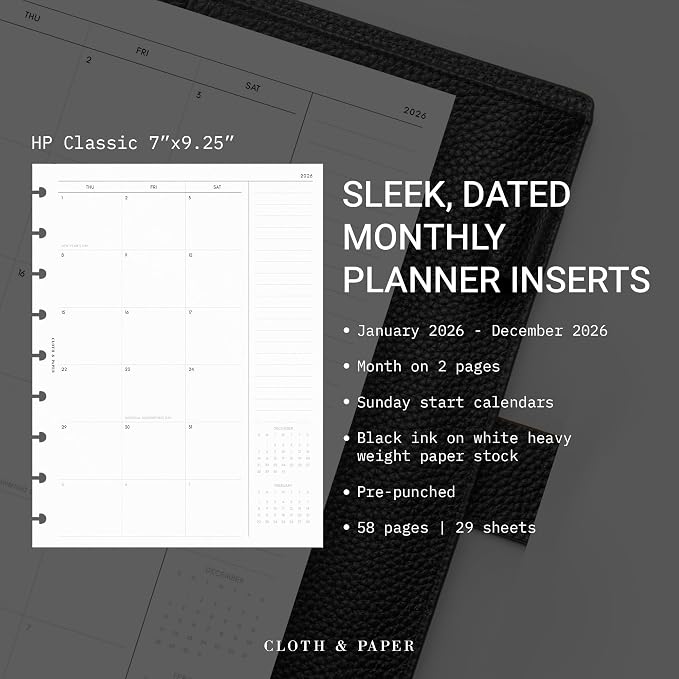 Cloth & Paper 2026 Monthly Planner Inserts | HP Classic Size 7 x 9.25 Inches | 9 Disc Punched Agenda Refills | Sunday Start, 84 Pages | Minimalist Monthly Organizer Pages | Heavyweight Paper