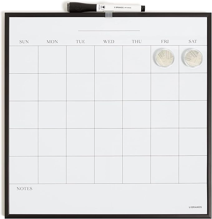 U Brands Magnetic Dry Erase Wall Calendar White Board, 14" x 14", Black Metal Frame, Includes Magnets and Marker