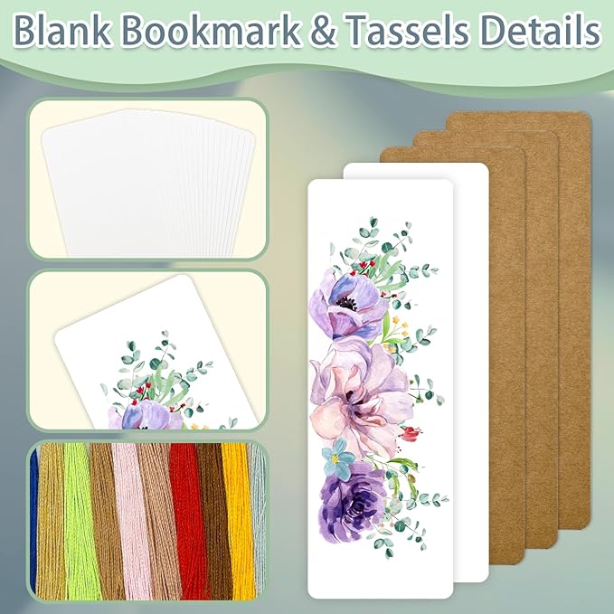 DSYIL 50 Sets Blank Bookmarks Making Kit, 50 Pcs Paper Bookmark Blanks, 50 Colorful Tassels, 50 Pcs Clear Bookmark Sleeves for DIY Book Mark Projects and Gift Tags