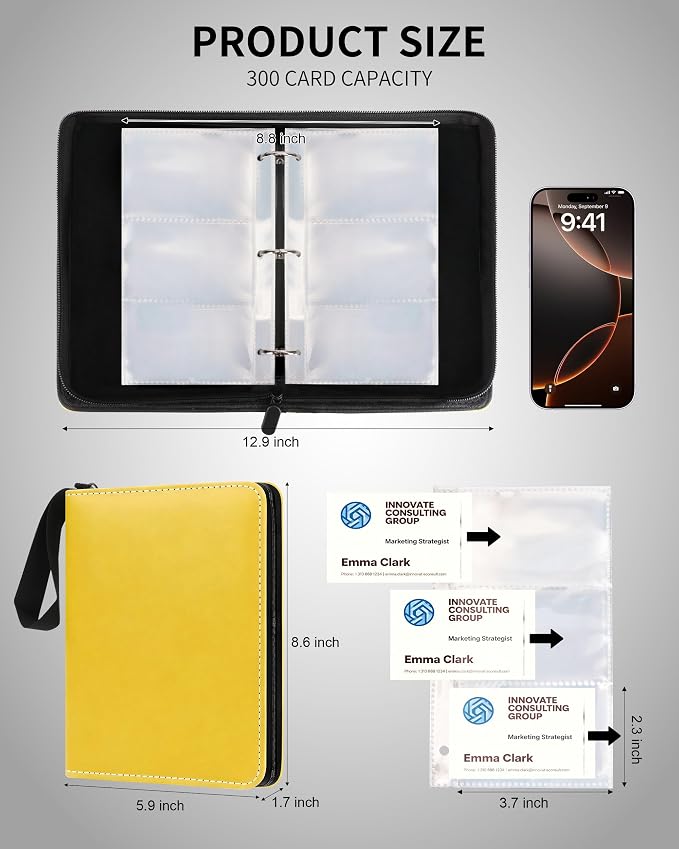 Leather Business Card Book Holder Organizer, Professional Name Card Book Holder with 300 Card Capacity, Portable PU Credit Card Binder File Sleeve Storage for Men Women,50 Pack Sleeves Zipper Closure