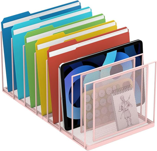 Desk File Organizer, 7 Section Vertical Metal File Organizer for Desk, Desktop File Organizer Stand, Paper Folder Organizer for Office Home Classroom Storage (Pink, 7 Section)