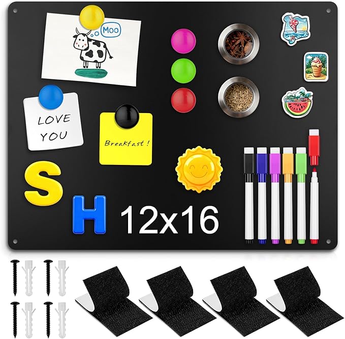 12" x 16" Magnetic Board, Black Magnet Bulletin Board to Display Magnetic Letters, Metal Board for Wall, Refrigerator Photo, with Dual Lock Tape and Screws, Marker Pen