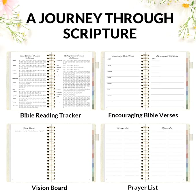 SUNEE Christian Planner - Undated 12 Month Bible Journal and Prayer Planner A5 Spiral Bound, Monthly & Weekly Christian Organizer Gifts for Women Men (Beige)