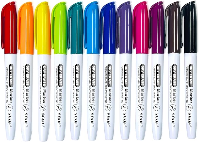 SFAIH Dry Erase Markers Fine tip 12 Colors, 12 Pack (1 Dozen) Low Odor Whiteboard Markers for Classroom, Homeschool, Non-Toxic Gift for Kids, Travel Drawing, Learning to Write, Reusable Art Supplies