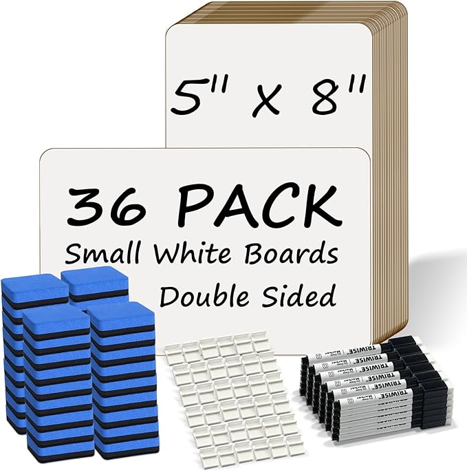 Portable Small White Board 5"x8" for Students, Personal Whiteboard Mini Lightweight Double Sided, Dry Erase Board for Kids Classroom, Individual Lapboards for Teaching with Eraser and Marker (36 Pack)