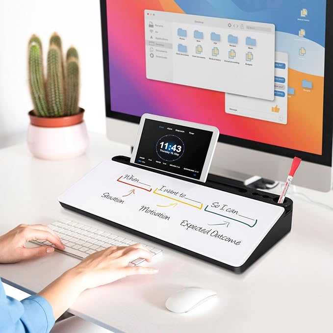 DOLLAR BOSS Glass Desk Whiteboard Small Dry Erase Board Desktop White Board with Storage Drawer Computer Keyboard Stand Desk Organizer School Supplies Office Accessories with 4 Markers 1 Eraser, White