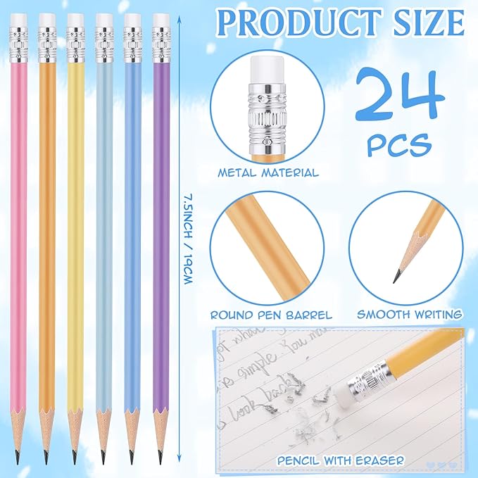 24 Pcs Round Pencils with Eraser 2 HB Cute Pencils Bulk for School Graphite Wood Color Unsharpened Pencil for Drawing Sketching Wedding School Teacher Supplies Student Reward