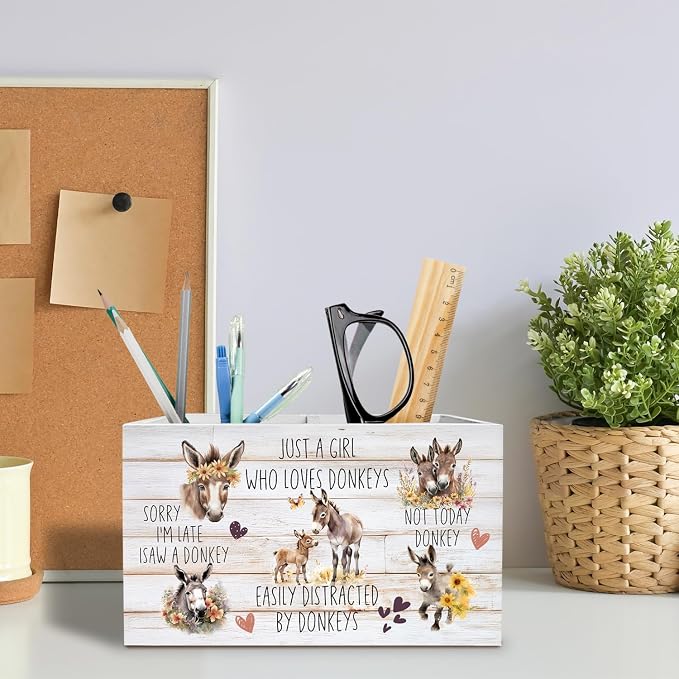 Farmhouse Donkey Pen Holder for Desk, Donkey Lovers Gifts Pencil Organizer, Rustic Floral Farm Animal Wooden Box Sign Desk Decor for Farmhouse Home Office Decoration