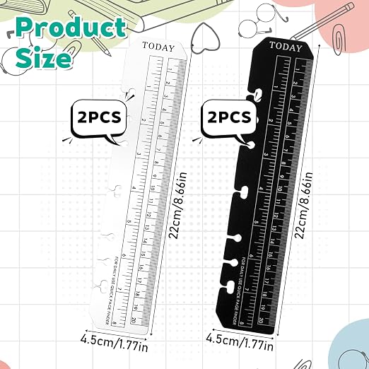 4 PCS Bookmark Rulers, Black and Clear Spiral Notebook Bookmark, Plastic Planner Ruler for A5 Size 7-Hole Binder Notebook