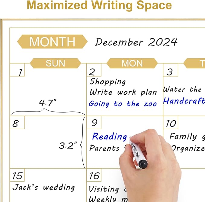ARCOBIS Monthly Calendar Whiteboard, 36" x 24" Magnetic Dry Erase Calendar with Gold Frame, Wall Planner Board for Home, Office, School