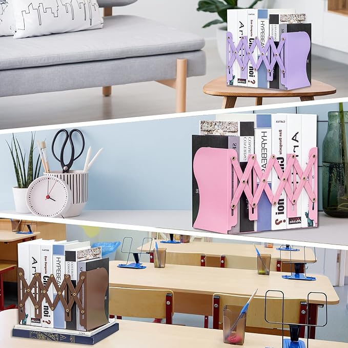 Aobopar Book Ends, Bookends for Shelves, Book Organizer for Desk, Metal Bookends for Heavy Books, Book Holders for Shelves, Suitable for Office, Home and School Use (Pink)