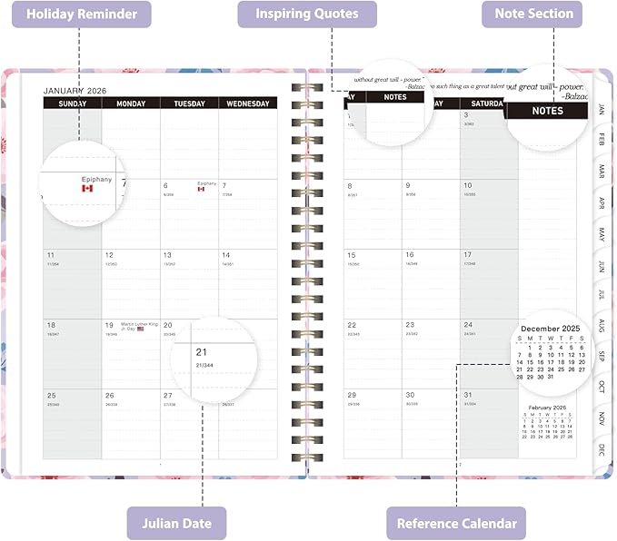 2026 Planner, Weekly and Monthly Calendar Planner, Academic Daily Agenda (Jan 2026 - Dec 2026), Hardcover Planning Notebook for Office Accessories and School Supplies, Pink Blossoms