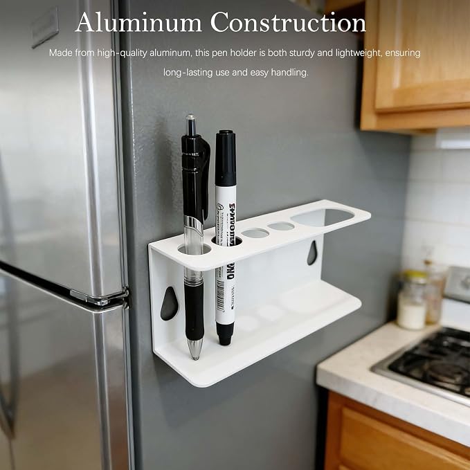 Magnetic Pen and Marker Holder - No Drilling, Easy to Install, Aluminum Multi-Purpose Organizer for Whiteboard, Refrigerator, Locker, and Desk