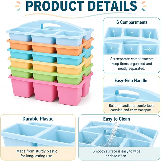 6 Pack Assorted Colors 6 Compartment Classroom Caddy with Handle Portable Plastic Storage Classroom Caddies Organizer for Classrooms Supply Teacher Office Table Desk(Pastel)