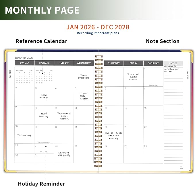 Monthly Planner 2026-2028, Hardcover 3 year calendar 2026-2027-2028 Calendar Book from Jan 2026 - Dec 2028, 9“ x 11”, Spiral Bound,Organizer for Office, School, and Home, Sunset
