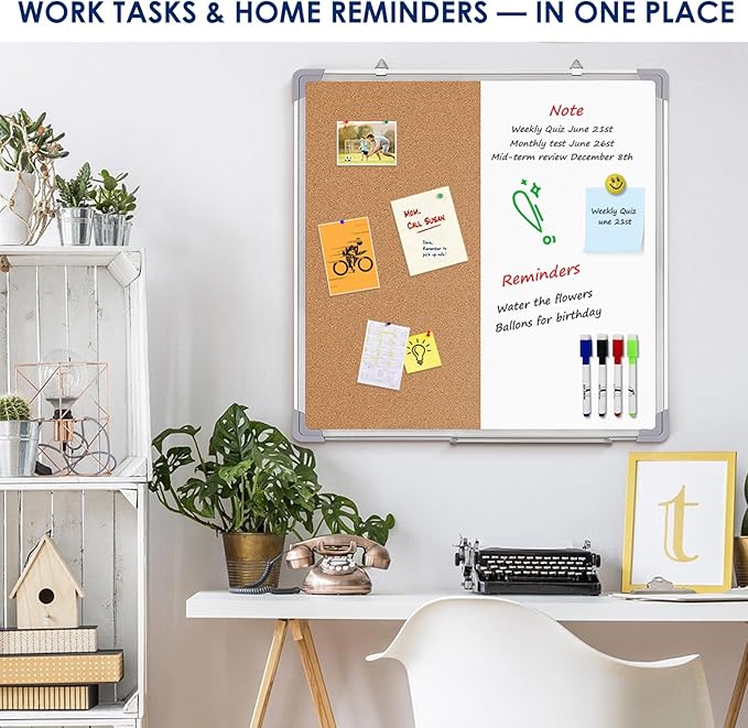 Cork Board White Board Combo 24 x 24 in – Wall Hanging Dry Erase and Bulletin Board with Markers, Magnets, Thumb Tacks & Reusable Magnetic Notes – Reminder Board Organizer for Home and Office