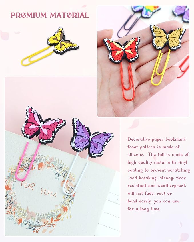 16 Pcs Cute Bookmark Paper Clips Cartoon Silicone Bookmarks with Colorful Paperclips for Kids School Teacher Office Supply Student Stationery (Butterfly Style)